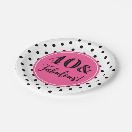 40e verjaardag Roze zwarte witte Stippen Papieren Bordje (Gekanteld)