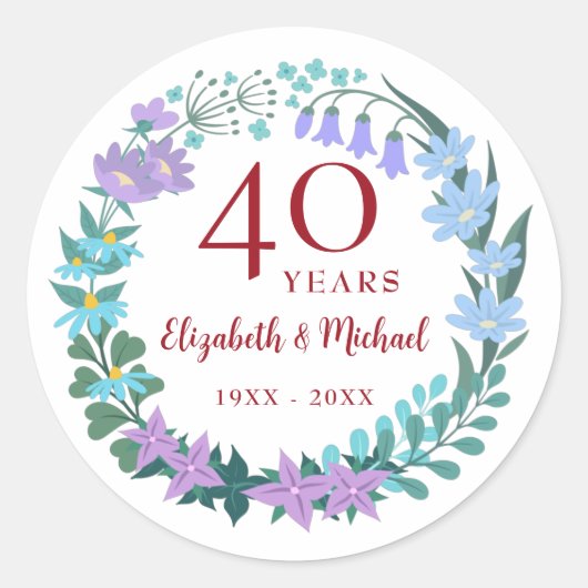 40e verjaardag Ruby Floral Bluebells Krans Ronde Sticker (Voorkant)