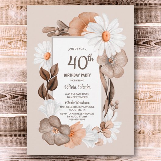 40e verjaardag Rustic Boho Floral Party Kaart