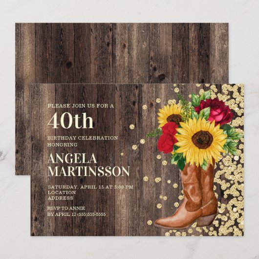 40e verjaardag Rustic Boots Sunflower Red Roses Kaart (Voorkant / Achterkant)
