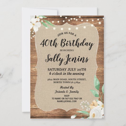 40e verjaardag Rustic Flower Floral Invite Kaart (Voorkant)