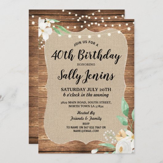 40e verjaardag Rustic Flower Floral Invite Kaart (Voorkant / Achterkant)