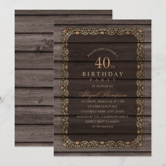 40e verjaardag Rustic Wood Fancy Land Partij Kaart (Voorkant / Achterkant)