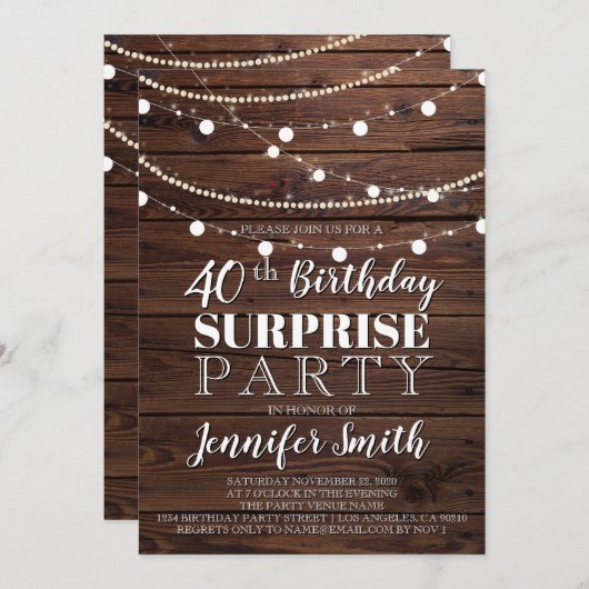 40e verjaardag Rustic Wood String Lights Kaart (Voorkant / Achterkant)