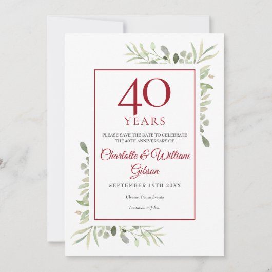40e verjaardag Save the Date Aquarel Groene decora (Voorkant)
