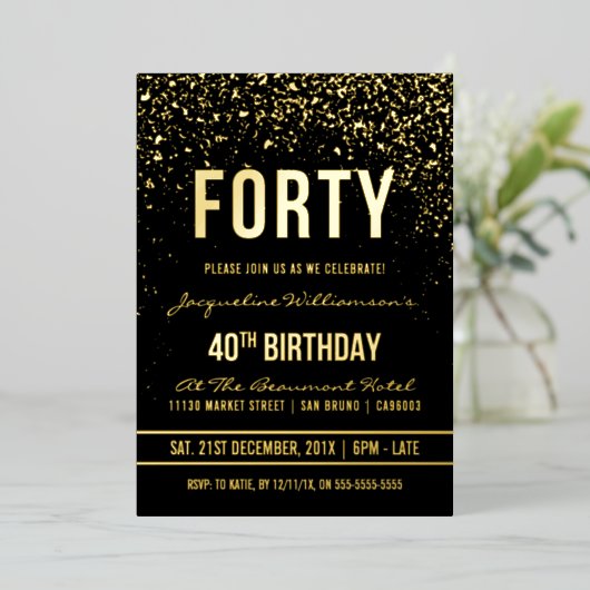 40e verjaardag | Shimmering Gold Confetti Folie Uitnodiging (Staand Voorkant)