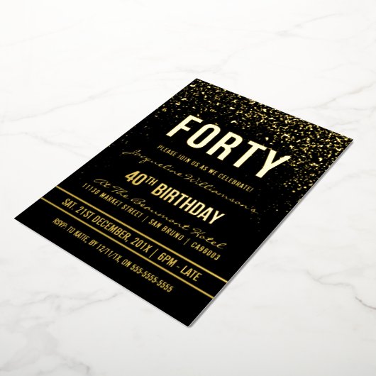 40e verjaardag | Shimmering Gold Confetti Folie Uitnodiging (Gedraaid)