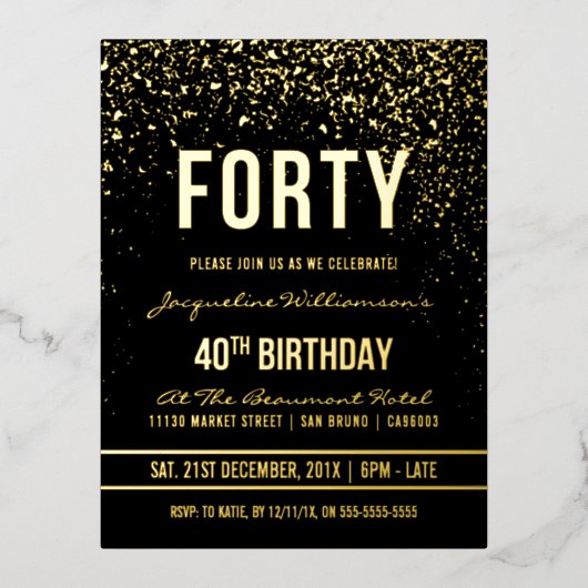 40e verjaardag | Shimmering Gold Confetti Folie Uitnodiging Briefkaart (Voorkant)