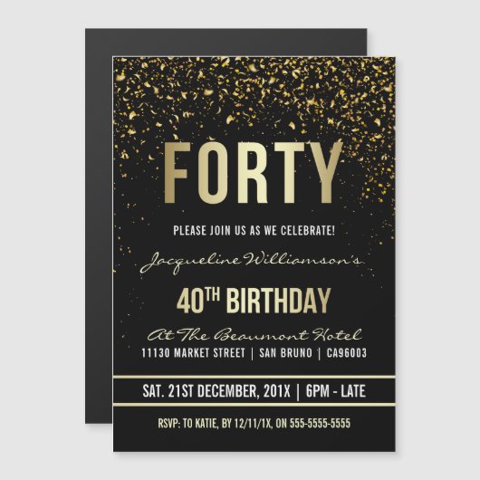 40e verjaardag | Shimmering Gold Confetti Magnetische Uitnodiging (Voorkant / Achterkant)