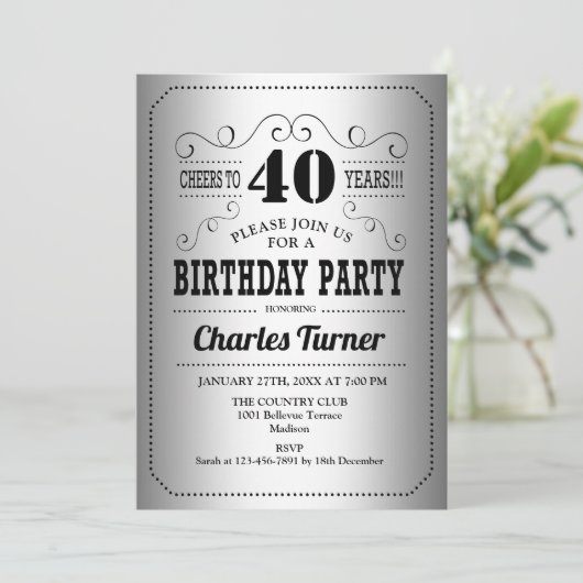 40e verjaardag - Silver Black Kaart (Staand voorkant)