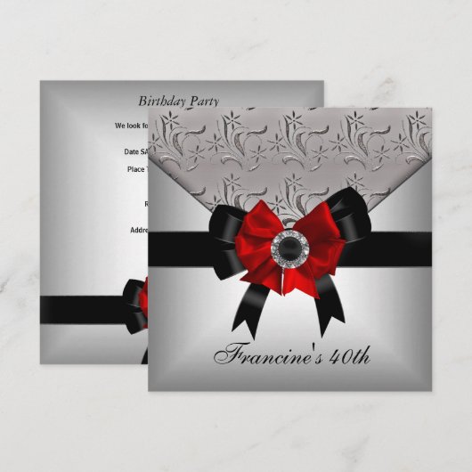 40e verjaardag Silver Floral Black Red Bow Jewel Kaart (Voorkant / Achterkant)