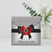 40e verjaardag Silver Floral Black Red Bow Jewel Kaart (Staand voorkant)