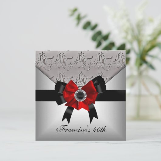 40e verjaardag Silver Floral Black Red Bow Jewel Kaart (Staand voorkant)