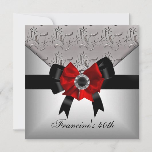 40e verjaardag Silver Floral Black Red Bow Jewel Kaart (Voorkant)