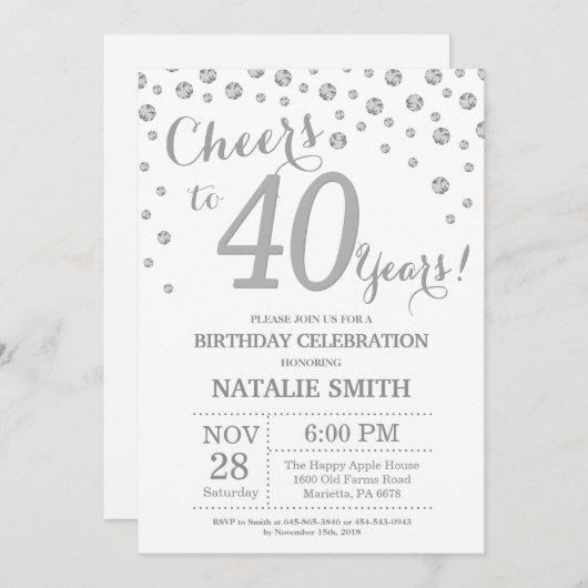 40e verjaardag Silver Glitter Diamond Uitnodiging (Voorkant / Achterkant)
