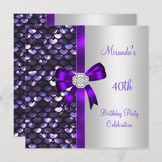 40e verjaardag Silver Sequins Paarse Diamond Bow Kaart (Voorkant / Achterkant)