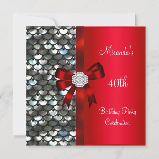 40e verjaardag Silver Sequins Red Diamond Bow Kaart (Voorkant)