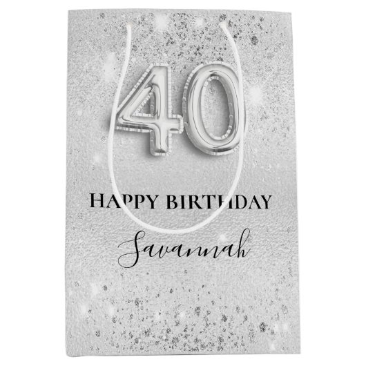 40e verjaardag Silver Sparkles naam Medium Cadeauzakje (Voorkant)