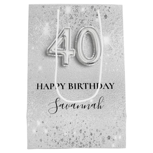 40e verjaardag Silver Sparkles naam Medium Cadeauzakje (Achterkant)