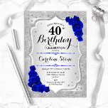 40e verjaardag - Silver Stripes Royal Blue Rozen Kaart<br><div class="desc">40e uitnodiging van de verjaardag. Elegant bloemontwerp in zilver en koningsblauw. Met faux glitter Silver Strees,  sapphire rozen stijlvolle scriptlettertypen en confetti. Ideaal voor een glam verjaardagsfeestje.</div>