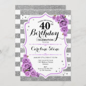 40e verjaardag - Silver White Stripes Paarse Rozen Kaart (Voorkant / Achterkant)