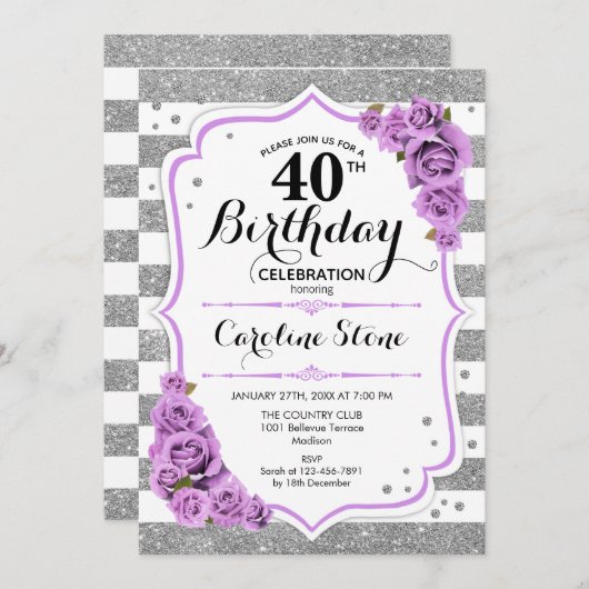 40e verjaardag - Silver White Stripes Paarse Rozen Kaart (Voorkant / Achterkant)
