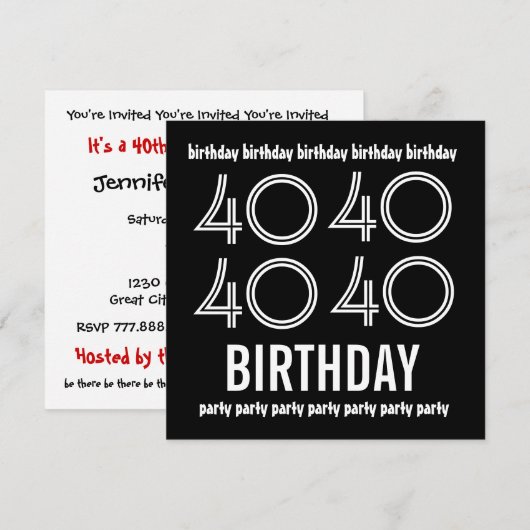 40e verjaardag Sjabloon Black White Kaart (Voorkant / Achterkant)