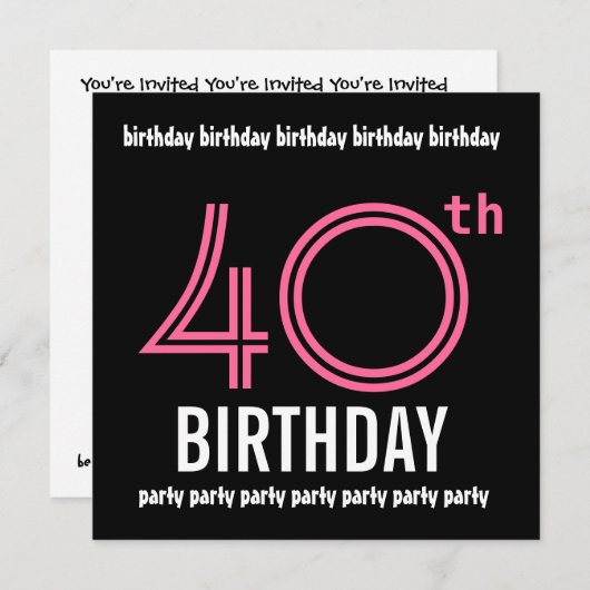 40e verjaardag Sjabloon uitnodiging roze zwart (Voorkant / Achterkant)
