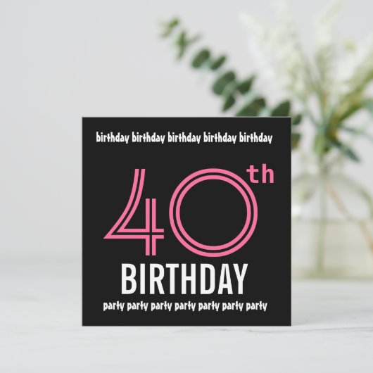 40e verjaardag Sjabloon uitnodiging roze zwart (Staand voorkant)