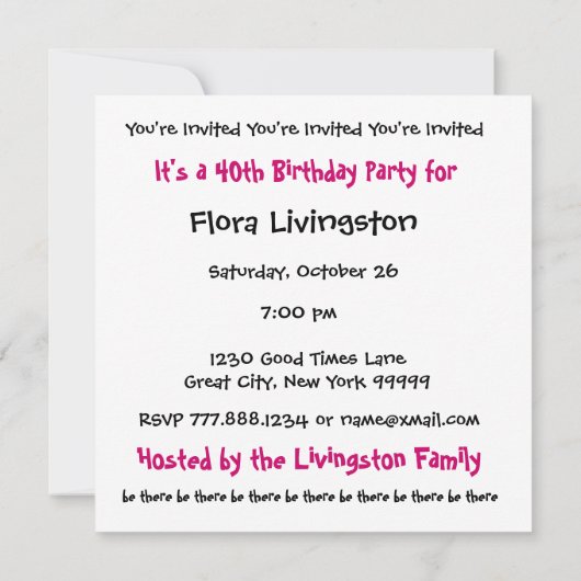 40e verjaardag Sjabloon uitnodiging roze zwart (Achterkant)