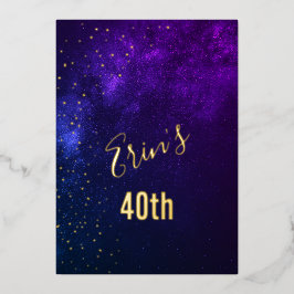 40e verjaardag "Sky Astral Gold Stars Paars" Folie Uitnodiging