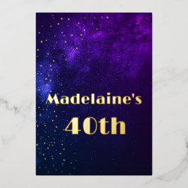 40e verjaardag "Sky Astral Gold Stars Paars" Folie Uitnodiging