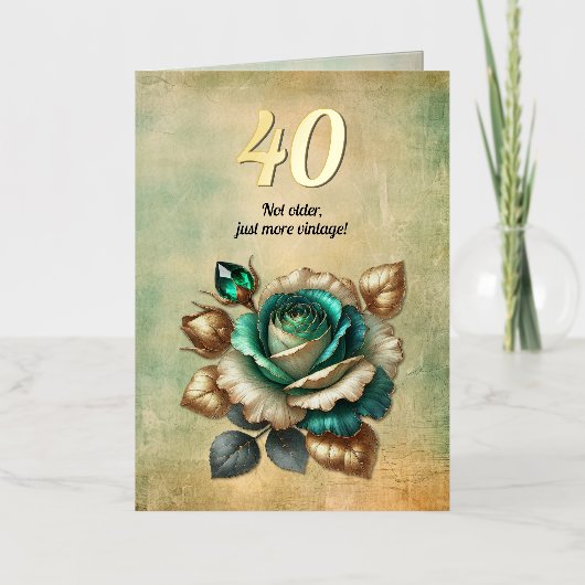 40e Verjaardag  Smaragdgroene Roos Bloem Folie Wenskaart (Voorkant)