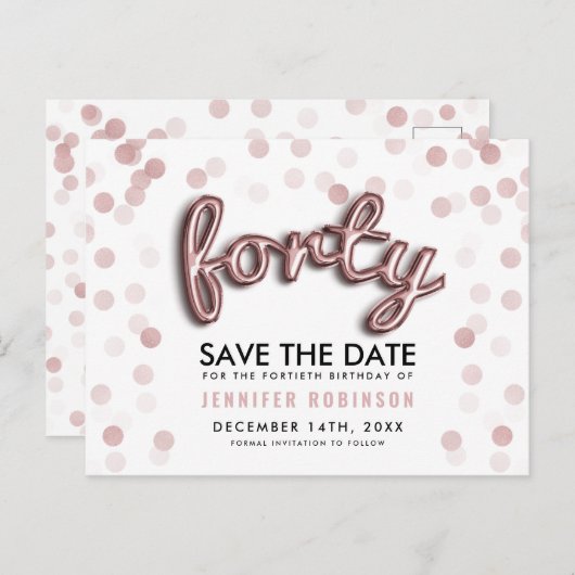 40e verjaardag sparen de datum Roos gouden ballonn Aankondigingskaart (Voorkant / Achterkant)