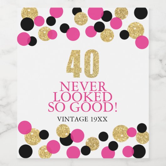 40e verjaardag Sparkling Gold Glitter Roze Confett Wijn Etiket (Enkel label)