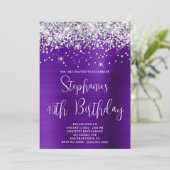 40e verjaardag Sparkly Silver Glitter Paars Satin Kaart (Staand voorkant)