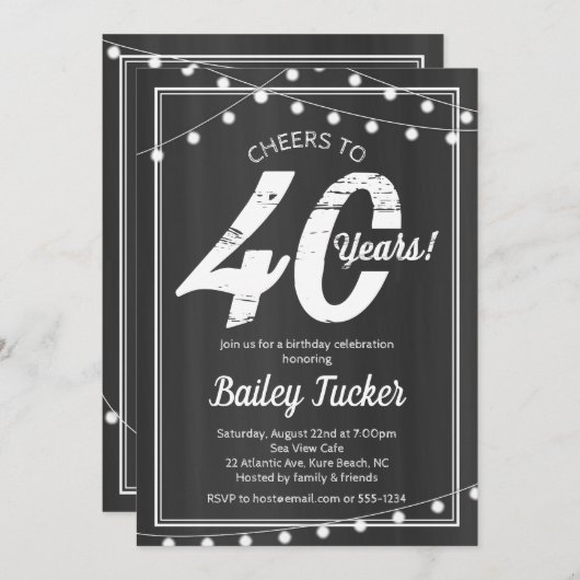40e verjaardag String Lights op schoolbord Kaart (Voorkant / Achterkant)
