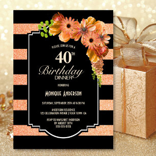 40e verjaardag Striped Coral Floral Dinner Party Kaart