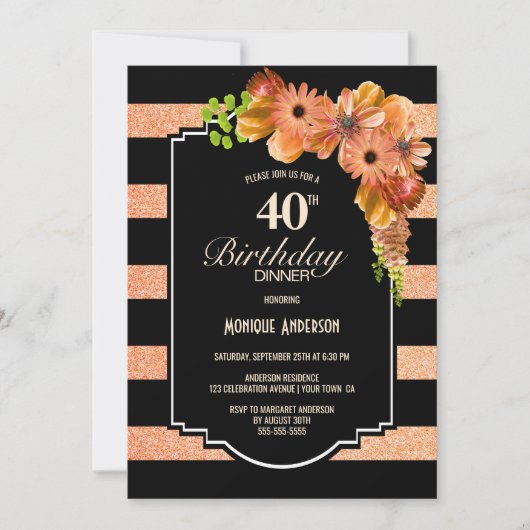 40e verjaardag Striped Coral Floral Dinner Party Kaart (Voorkant)