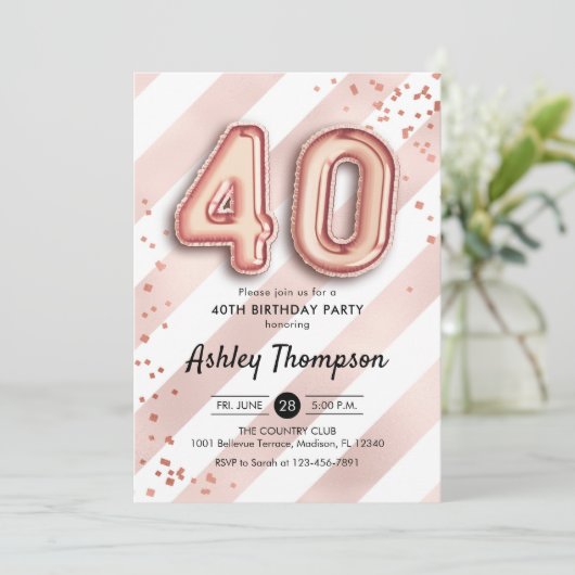 40e verjaardag - Stripes Roos gouden ballonnen Kaart (Staand voorkant)