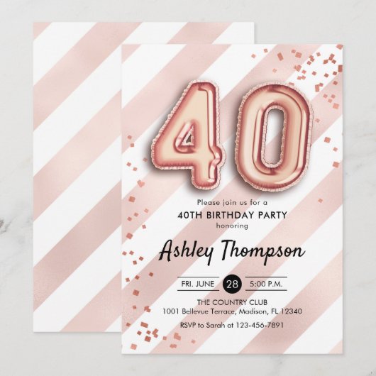 40e verjaardag - Stripes Roos gouden ballonnen Kaart (Voorkant / Achterkant)