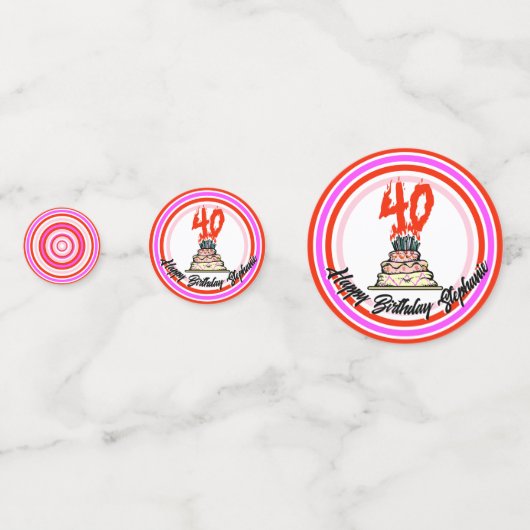 40e verjaardag taart op vuur foto roze rood wit confetti (Achterkanten)