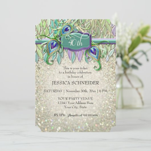 40e verjaardag Ticket Peacock Feather Kaart (Staand voorkant)