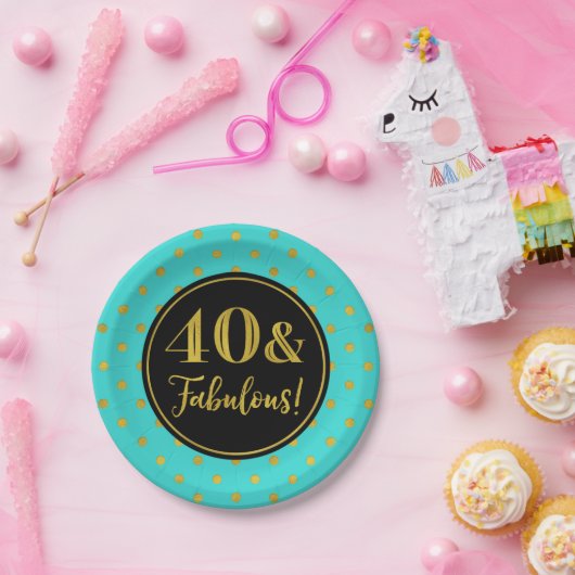 40e verjaardag Turquoise Black Gold Stippen Papieren Bordje (Feest)