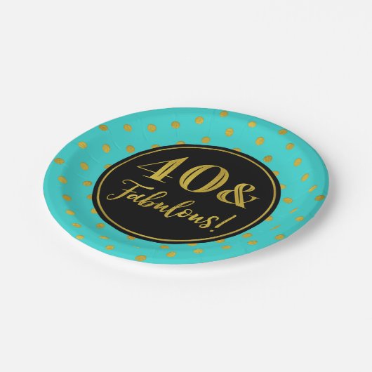 40e verjaardag Turquoise Black Gold Stippen Papieren Bordje (Gekanteld)