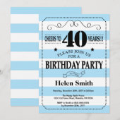 40e verjaardag uitnodiging Blauw en witte strepen (Voorkant / Achterkant)