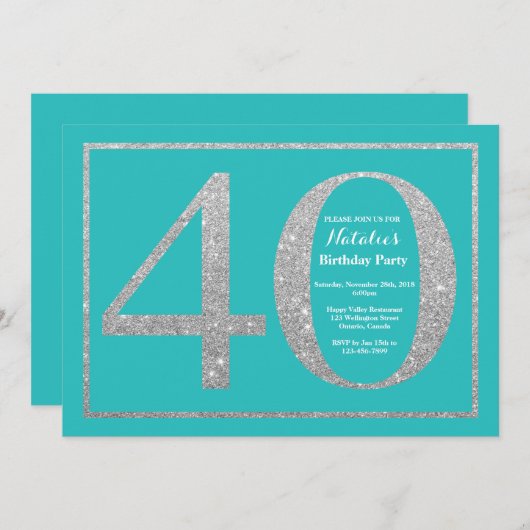 40e verjaardag Uitnodiging Blauwgroen en Zilver Gl (Voorkant / Achterkant)