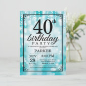 40e verjaardag Uitnodiging Blauwgroen Glitter (Staand voorkant)