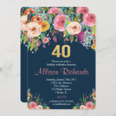 40e verjaardag uitnodiging Bloemen waterverf Navy (Voorkant / Achterkant)