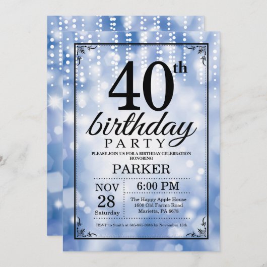 40e verjaardag uitnodiging Blue Glitter (Voorkant / Achterkant)